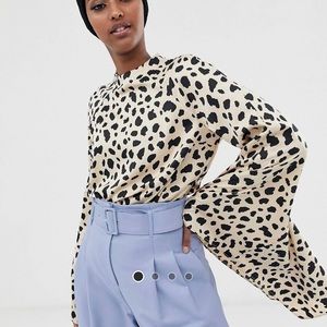 ASOS DESIGN High Neck Top in Pebble Print with Fluted Sleeve - US 12 - Cream